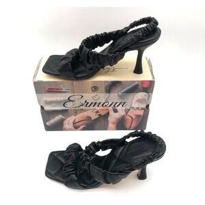 Ermonn D2Y065 Womens Size 8 Black Square Toe Ruched Strap Heeled Sandals NIB